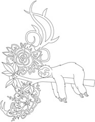 Sloth and A Floral Vine Coloring Page. Printable Coloring Worksheet for Adults and Kids. Educational Resources for School and Preschool.