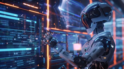 Fototapeta premium AI robot hands put on sensor screen