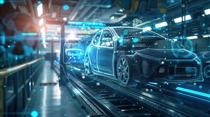 Automated Robot Arm Assembly Line Manufacturing. robotic arms in a car plant