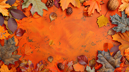Autumn leaves border orange background. Fall Thanksgiving decor