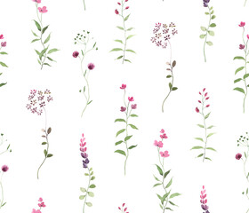 Floral seamless pattern of abstract green plants with pink and purple flowers. Watercolor isolated illustration  with hand drawn design elements for wallpapers or textile.