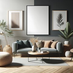 A living Room with a mockup poster empty white and with a couch and a coffee table art card design realistic art realistic.