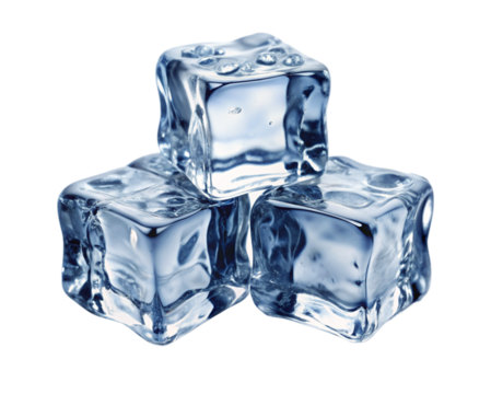 The image shows three clear ice cubes stacked on top of each other. They are arranged in a pyramid shape and are placed on a reflective surface. The ice cubes have water droplets on them.
