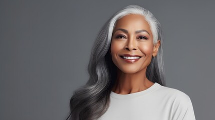 A beautiful black woman with long silver hair. Generative AI.