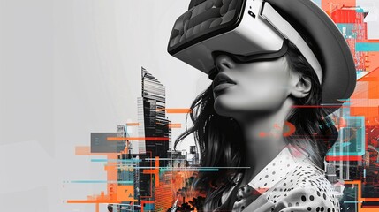 Young Woman Immersed in Virtual Reality Experience with Futuristic Cityscape Background
