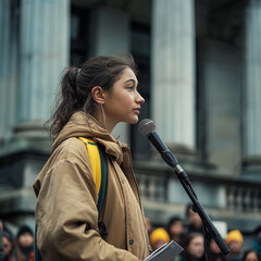 young activist speaking at a climate change rally