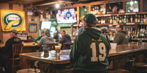 a man sitting at a bar watching a football game