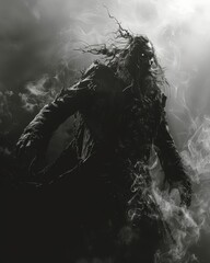 a man with a long hair standing in smoke