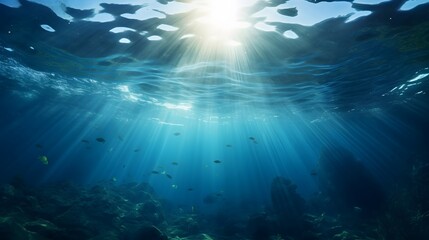 Fototapeta na wymiar Beautiful blue ocean background with sunlight. Generative AI.