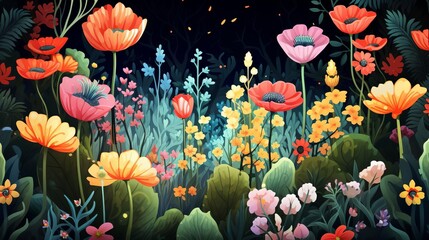 Illustrate a peaceful garden with animated flowers and insects, flat design, top view, botanical theme, cartoon drawing, vivid colors