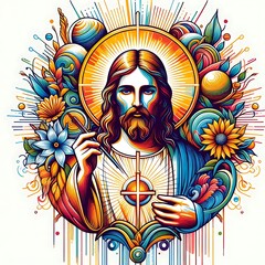A colorful art of a jesus christ holding a cross lively meaning art harmony.