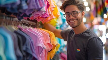 LGBTQ individual working in a retail environment, arranging pridethemed merchandise