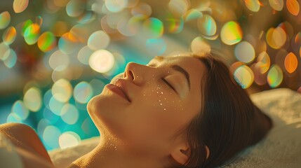 Fototapeta premium Beautiful woman enjoying massage in spa salon. Relaxed brunette girl lying on massage. Beauty spa treatment