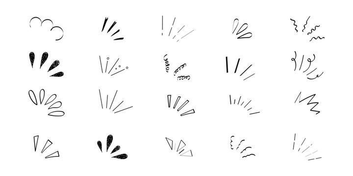 Pop line frame comic anime effect healine mark, suprise doodle emotions isolated on white background. Attention sign, notice or sparles.