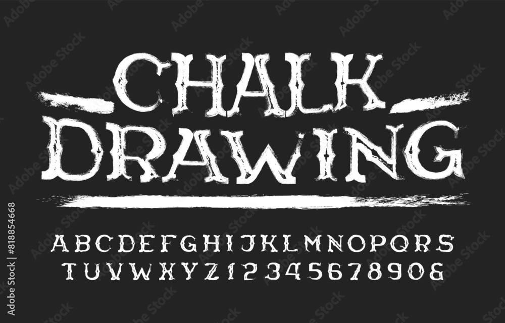 Poster chalk drawing alphabet font. hand drawn letters and numbers. stock vector typescript for your design