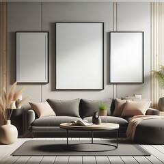 A living Room with a mockup poster empty white and with a couch and two frames on the wall art bring spirit meaning.