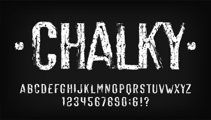 Chalky alphabet font. Hand drawn vintage letters and numbers. Stock vector typescript for your design.