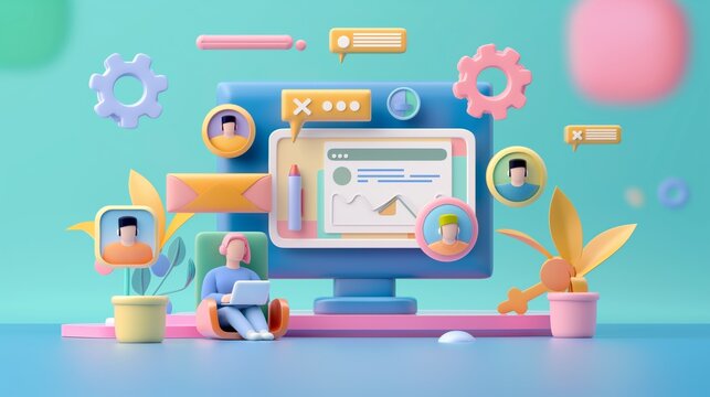 A 3d rendering of a web page with speech bubbles and people