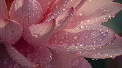 Fototapeta premium Dewdrops enhancing the beauty of a pink lotus flower as they settle on its velvety surface