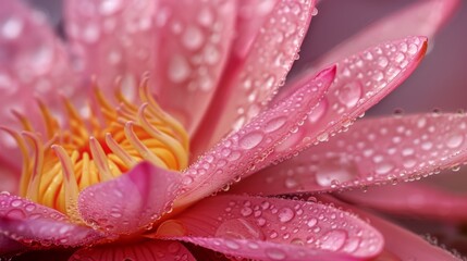 Fototapeta premium Dewdrops enhancing the beauty of a pink lotus flower as they settle on its velvety surface