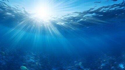 Beautiful blue ocean background with sunlight. Generative AI.