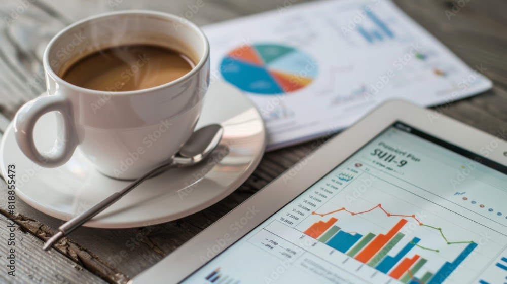 Poster digital tablet showing financial graphs, with a cup of coffee and notepad on the table