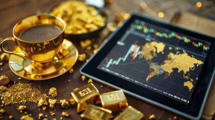 Digital tablet showing gold price charts, with a cup of coffee and gold bars on the table