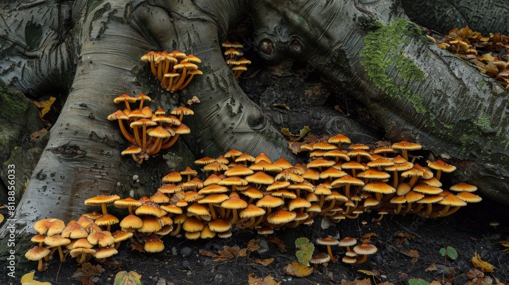 Poster enchanting display of mushrooms flourishing on the damp ground near a tree's roots