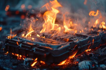 Burning electric car battery. generating heat and flames