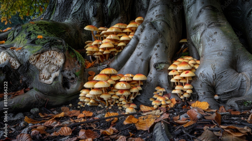 Poster enchanting display of mushrooms flourishing on the damp ground near a tree's roots