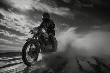 Naklejka premium Motorcycle rider riding on a dusty road with a cloud of smoke