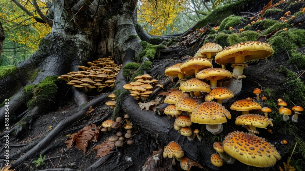 Poster enchanting display of mushrooms flourishing on the damp ground near a tree's roots