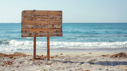 Empty wooden signboard with a sandy summer beach background. Summer vacation mockup