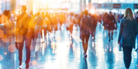 Business people walking at business center or station, or busy trade fair. Blurred colorful image. Wide banner with copy space