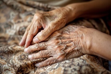Close-up of an elderly person's hand shaking hands with a younger person, symbolizing connection and support