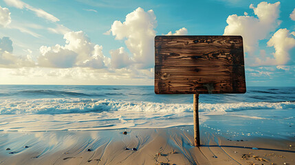 Empty wooden signboard with a sandy summer beach background. Summer vacation mockup