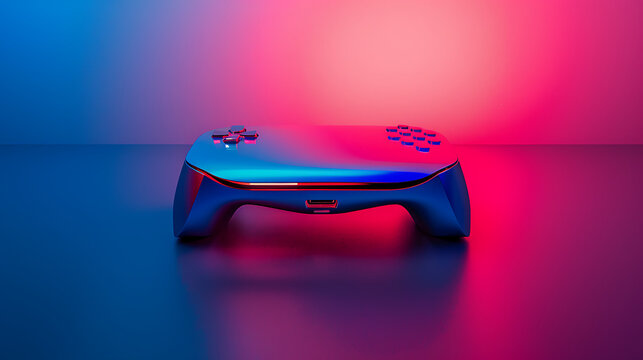 A 3D model of a sleek gaming console set against a dynamic gradient background of blue and red