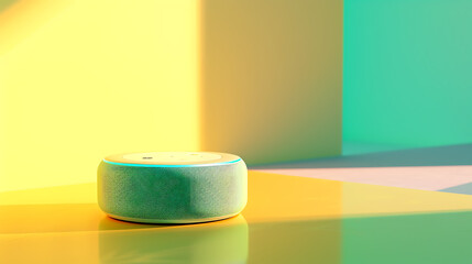 A 3D smart home device placed on a gradient backdrop transitioning from yellow to green