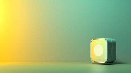 A 3D smart home device placed on a gradient backdrop transitioning from yellow to green