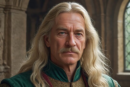Half-length portrait of a 60-year-old human male noble with long blonde hair and green eyes, mustache, no beard, medieval setting