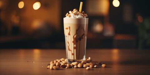 A delectable chocolate, caramel, and peanut smoothie in a clear glass, with hyper-detailed, high-definition photography.