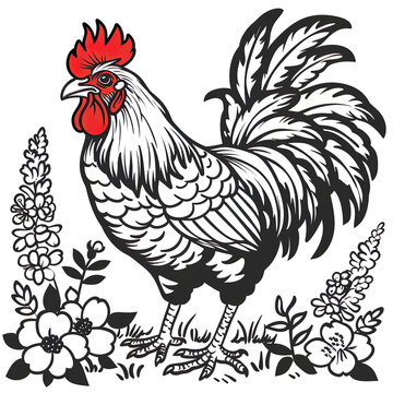 rooster standing in garden clip art preview