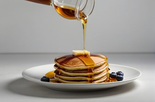 Maple syrup pouring on pancakes in a plate on a white background. Maple syrup pancakes