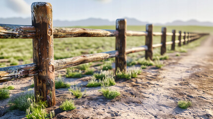 Naklejka premium Rustic Wooden Fence in a Lush Green Field, Tranquil Farm Landscape Under a Cloudy Sky