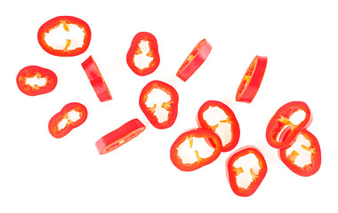 Red sliced chili pepper isolated on a white background, view from above. Fresh mexico hot cayenne...