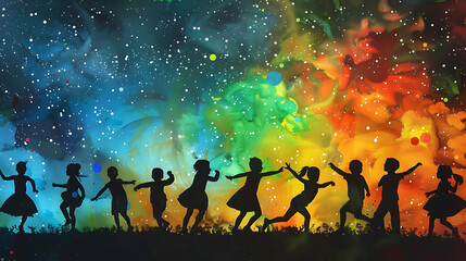 Silhouette of diverse children playing colorful starry sky 