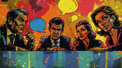 An artistic depiction of corporate communication and collaboration, with speech bubbles and teamwork symbols representing effective teamwork, blending with a comic book art style.