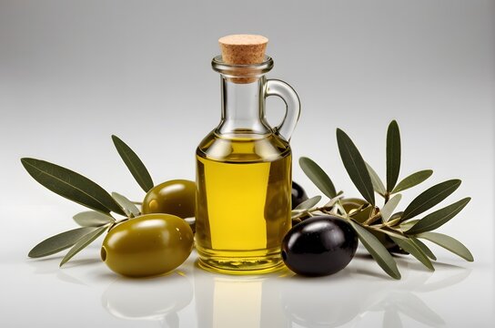 A bottle of olive oil next to olives and olive leaves. 