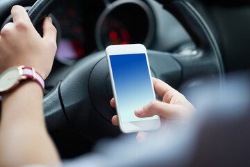 Person, location and hand with phone in car for travel, information and direction of destination....