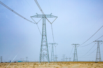 Jiuquan City, Gansu Province - Roads and power generation facilities in the Gobi Desert